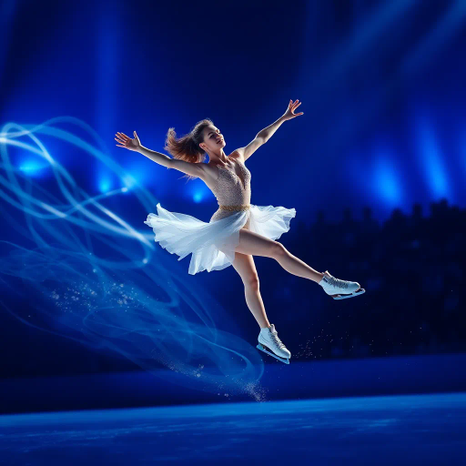 olympic figure skater, dynamic movement, swirling light trails, contest attire, vibrant blue hues, luminous background, expressive motion, ethereal light lines, freeze-frame composition, vivid audience silhouettes, emotional intensity, Da Vinci's anatomical finesse, impressionistic influence, harmonious balance, glacial grace, modern athleticism, chiaroscuro lighting, aesthetic elegance, cinematic flow, vibrant textures, expressive dynamics, energy and poise, luminous ambiance, visual metaphors, Fleckerl spin, dramatic spectacle