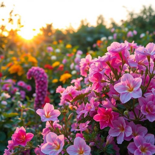 vibrant flora, blooming nature, Claude Monet, impressionism, golden hour lighting, dynamic composition, pastel colors, intricate textures, watercolor effect, ethereal mood, soft focus, whimsical garden, cultural symbolism, floral elegance, organic shapes, translucent petals, serene atmosphere, spacious layout, natural elements, timeless beauty, harmonious balance