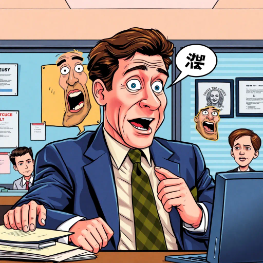 The Office, TV show, Michael Scott, humorous character analysis, vibrant color palette, pop art influences, exaggerated expressions, modern workplace satire, dynamic framing, cultural critique, whimsical exaggeration, sitcom essence, 2000s aesthetics, narrative storytelling, Roy Lichtenstein style, panel composition, lighthearted tone, character study, iconic moments, situational comedy, postmodern influences, detailed characterization, workplace antics, playful mood, office dynamics, caricature elements