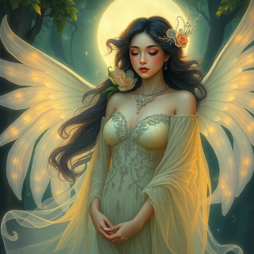 ethereal maiden, surrounded by mystical aura, Alphonse Mucha influence, art nouveau, flowing garments, intricate patterns, soft pastel colors, glowing ambient light, dreamlike atmosphere, elegant posture, delicate features, intricate jewelry, enchanted forest setting, gentle breeze, harmony with nature, serene expression, romanticism, whimsical vibe, moonlit scene, delicate brushstrokes, shimmering highlights