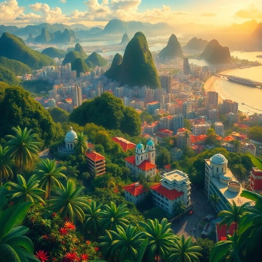 vibrant rainforest, sprawling cityscapes, Rio Carnival celebration, modernist architecture, Tarsila do Amaral, tropical paradise, lush landscapes, Samba rhythm, vivid color palettes, dynamic movement, cultural fusion, vibrant street art, warm sunlight, Copacabana beach, panoramic views, rich biodiversity, Botero-inspired figures, expressive brushstrokes, Amazon River, intricate textures, joyous atmosphere, cultural heritage, Henri Rousseau influence, energetic composition