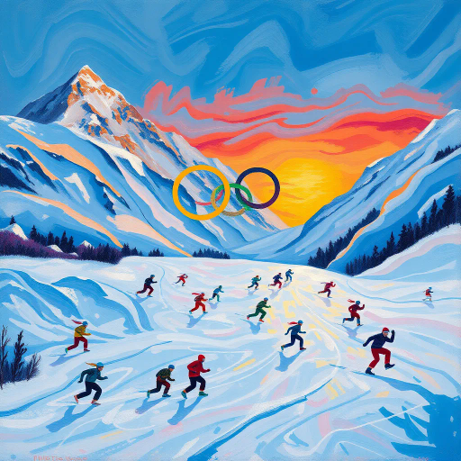 winter olympics, dynamic movement, icy landscapes, athletic figures, vibrant energy, snow-capped mountains, intricate patterns, bold contrasts, Pierre-Auguste Renoir influence, Impressionism, dramatic lighting, modern sportsmanship, cold color palette, fluid lines, frozen textures, abstract representation, international spirit, grand scale, historical significance, frosty atmosphere, harmonious balance, cultural diversity, precise details, joyous celebration, global unity, bold composition