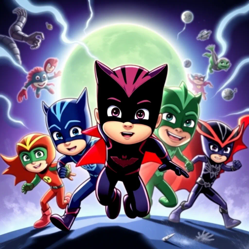 pjmasks heroes, saving the planet, dynamic action scenes, vibrant colors, heroic poses, dramatic lighting, suspenseful atmosphere, comic book art, exaggerated perspective, vivid contrasts, Saturday morning cartoons, diverse character design, retro influences, children's adventure, battle against villains, teamwork and bravery, youthful spirit, comic strip paneling, stylized expressions, explosive energy
