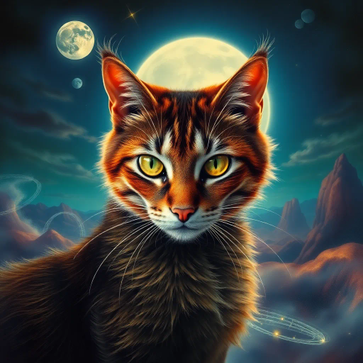 serene feline elegance, Salvador Dali, surrealism, vibrant hues, ethereal mist, intricate fur detail, gentle gaze, moonlit shadows, whimsical composition, artistry of light, fluid motion, mystical aura, dreamlike landscape, fantastical elements, cosmic influence, enigmatic presence, glistening textures, enchanting narrative, dynamic balance, imaginative expressions