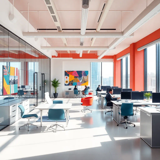 modern workspace, creativity hub, vibrant colors, natural lighting, minimalist design, open floor plan, David Hockney influence, inspiration board, sleek furniture, glass walls, urban views, dynamic angles, collaboration, technology integration, creative atmosphere, energizing, spatial fluidity, contemporary architecture, innovative layout, productive environment, creative synergy, digital tools, ergonomic setups, team interaction, modern aesthetics