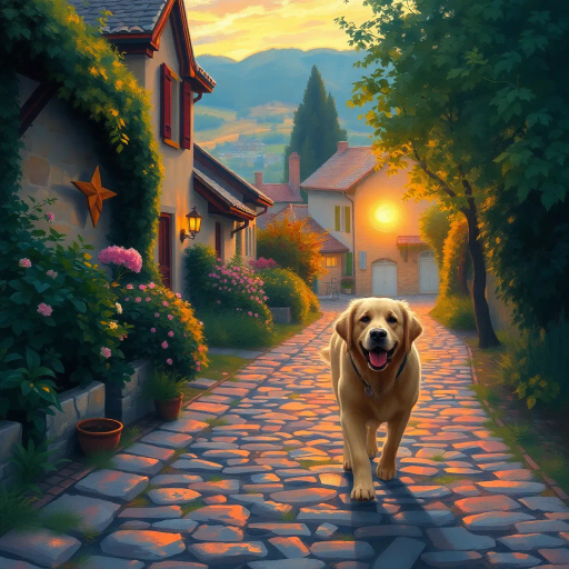 golden retriever, strolling peacefully, cobblestone path, Claude Monet influences, ethereal lighting, vibrant hues, rich textures, dynamic movement, pastoral scenery, Impressionist brushstrokes, warm sunset glow, emotional serenity, playful elegance, lush greenery, narrative composition, naturalistic detail, charming village, timeless elegance, Edward Hopper's narrative style, vivid storytelling, atmospheric perspective, serene landscape, light-hearted mood, layered composition, radiant colors, enchanting ambiance, textural depth, storytelling elements