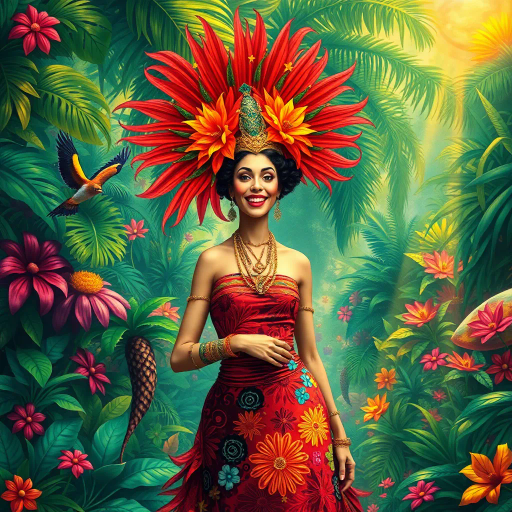 vibrant carnival, amazon jungle, lush greenery, rich cultural tapestry, Carmen Miranda, surrealism, tropical hues, dynamic movement, rhythmic energy, expressive colors, intricate patterns, lively street scenes, samba dancers, exotic wildlife, atmospheric perspective, detailed textures, magical realism, cultural diversity, spirited festivities, radiant sunlight, complex compositions, whimsical elements, bold palettes, mystical atmosphere, fantastical landscapes, tropical flora and fauna