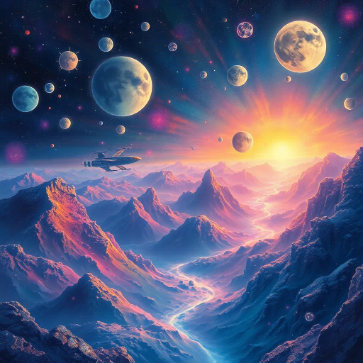 ethereal landscapes, mystical atmosphere, shimmering particles, dreamlike quality, celestial bodies, modern surrealism, vibrant colors, intricate patterns, flowing textures, light abstraction, visual poetry, boundary of reality, imaginative world, Salvador Dali influence, glowing horizon, cosmic wonders, ambient light, painterly techniques, futuristic dimensions, kaleidoscopic vision