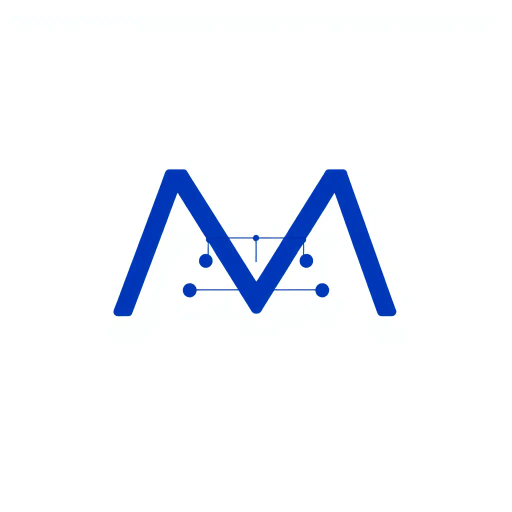 abstract logo design, letter M hierarchy, vector illustration, minimalist composition, geometric shapes, parent-child relationships, indigo gradient, thin branching lines, network tree structure, white background, symmetrical design, modern aesthetic, sleek lines, visual metaphor, connectivity, graphic art, clean and simple, Bauhaus influence, contemporary minimalism