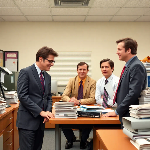 satirical, workplace comedy, 2000s television, vibrant characters, humorous interactions, Michael Scott, Jim Halpert, Dwight Schrute, sardonic wit, office dynamics, banter, mundane setting, Scranton, paper company, unconventional storytelling, ensemble cast, mockumentary style, Steve Carell, quirky relationships, deadpan humor, varied personalities, narrative arcs, expressive body language, exaggerated emotions, bright lighting, cheerful ambiance, subtle social commentary, scenographic composition