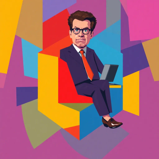 geometric abstraction, abstract forms, vibrant colors, cubic shapes, dynamic composition, modernist influences, office setting, humorous essence, Michael Scott, sharp lines, bold contrasts, corporate environment, satirical twist, abstract expressionism, vivid hues, comic essence, Dwight Schrute influence, television character, contemporary energy, structural interplay, symbolic representation, pop culture reference