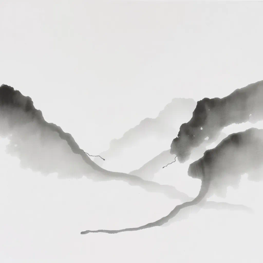 traditional, Chinese ink wash, sumi-e, Zhang Daqian, bold brushstrokes, fluid motion, monochrome palette, dynamic contrast, abstract landscapes, ethereal scenes, calligraphy influence, minimalism, serene mood, cultural heritage, poetic expression, meditative ambiance, harmonious balance, spiritual symbolism, sweeping gestures, water-based medium, paper texture, ancient techniques, subtle gradients, timeless elegance, ink diffusion, meditative process, ephemeral beauty, atmospheric perspective, natural forms