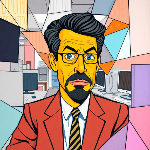 Michael Scott, geometric, cubist influence, abstract expressionism, vibrant color palette, office space, surreal composition, modern corporate satire, intricate line patterns, fragmented forms, Dunder Mifflin, pop art, humor, whimsical tone, mixed media, overlapping shapes, exaggerated proportions, dynamic angles, bold contours, cultural commentary, contemporary setting, pastel highlights, texture variation, visual rhythm, abstract storytelling, conceptual depth, dimensional interplay