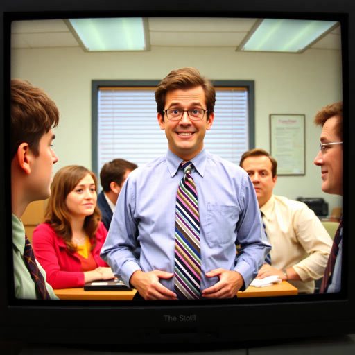 The Office, TV show, Michael Scott, humor, Steve Carell, satirical workplace dynamics, quirky characters, Dunder Mifflin, Pennsylvania, mockumentary style, 2000s pop culture, Jim Halpert, Pam Beesly, Dwight Schrute, dry humor, comedic timing, office stereotypes, mundane setting, vibrant character personalities, improvisational dialogue, caricature, expressive facial expressions, subtle humor, human interactions, absurd situations, paper company, everyday life, exaggerated antics, colorful interactions, workplace hierarchy