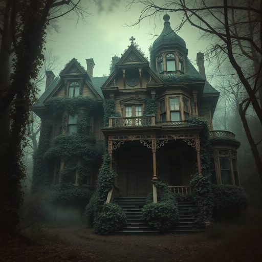 abandoned Victorian mansion, overgrown ivy, intricate woodwork, dark and moody, gothic architecture, muted earth tones, dramatic lighting, misty atmosphere, surrealism, decay, Tim Burton influence, cobweb textures, hidden mysteries, eerie stillness, romantic ruin, shadows and highlights, Victorian era, antique furniture, faded opulence, storytelling, melancholic nostalgia, high detail, soft brushstrokes, atmospheric depth, dilapidated elegance, mystery and allure, historical aura, vintage charm, magical realism, enigmatic, rich symbolism, chiaroscuro, Baroque influences, ethereal, dreamlike, twilight hues, sepia tones, forgotten history, immersive narrative, fantasy, romantic surrealism, 19th century influences, whimsical decay, dramatic vanishing points, emotional depth, layered textures, surreal narrative, historical echoes