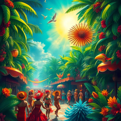 vibrant carnival, amazon jungle, lush greenery, rich cultural tapestry, Carmen Miranda, surrealism, tropical hues, dynamic movement, rhythmic energy, expressive colors, intricate patterns, lively street scenes, samba dancers, exotic wildlife, atmospheric perspective, detailed textures, magical realism, cultural diversity, spirited festivities, radiant sunlight, complex compositions, whimsical elements, bold palettes, mystical atmosphere, fantastical landscapes, tropical flora and fauna