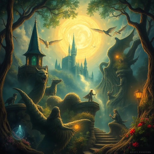 mythical creatures, enchanted forest, glowing ethereal light, intricate details, vibrant colors, magical realism, J.R.R. Tolkien influence, surreal landscapes, dreamlike atmosphere, whimsical elements, Baroque art influence, dynamic composition, ornate textures, mystical symbols, Arthurian legends, imaginative storytelling, celestial motifs, magical aura, otherworldly beauty, grand scale, immersive environment, enchanted castle, romanticism, allegorical themes, luminous glow, fine brushwork, visionary art