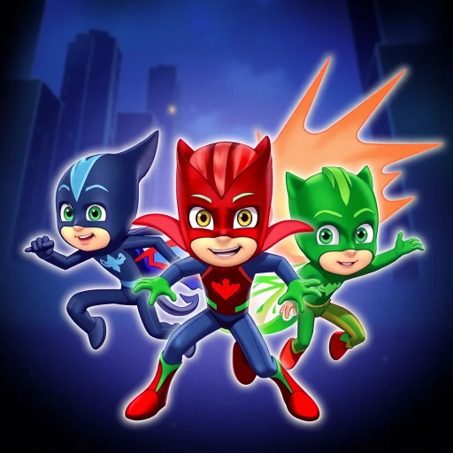 superhero, children's television, animated series, vibrant colors, action-packed, dynamic poses, energetic, adventure, teamwork, masks, mystery, young heroes, nighttime, exaggerated expressions, adventurous, comic book style, stylized animation, cartoon characters, PJ Masks influence, vibrant and exaggerated colors, dynamic movement, imaginative storytelling, colorful animation frames, superhero team energy