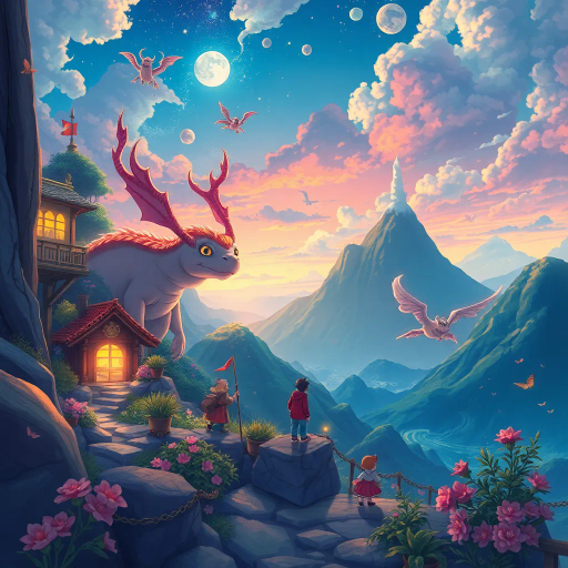 magical realism, vibrant colors, Studio Ghibli influence, fantastical creatures, serene landscapes, dynamic action, whimsical characters, high detail, emotional depth, Miyazaki style, enchanting worlds, youthful adventure, celestial elements, soft gradients, expressive eyes, intricate line work, fairy-tale atmosphere, cultural symbolism, ethereal lighting, narrative richness, dreamlike quality