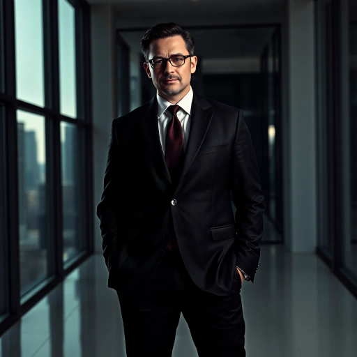 executive, portrait, modern office, chiaroscuro lighting, sleek design, authority, power, business attire, professional setting, sharp focus, corporate environment, elegance, contemporary, high-rise building, urban backdrop, soft shadows, confidence, leadership, minimalistic, ceo style, monochromatic color palette, sophisticated, balanced composition, dynamic angles, reflective surfaces, formal posture, 21st century, urban chic, commanding presence