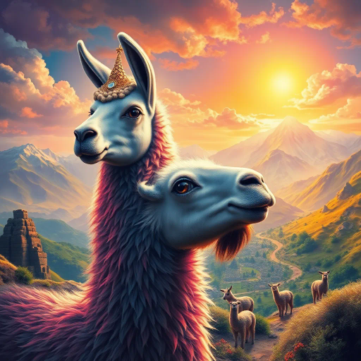 mystical llama, surreal landscape, vibrant colors, ethereal glow, fantastical elements, dreamy atmosphere, intricate details, vibrant tapestry, soft brush strokes, dynamic composition, whimsical creatures, alpaca wool, magical realism, painterly texture, pastel hues, Andean culture, folklore, luminous light, sunlit mountains, enchanting vista, emotive expression, Salvador Dali influence, imaginative motifs, rich tapestry, lush greenery, mystical aura, fantastical world, celestial accents, mythical charm