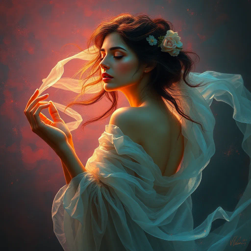 ethereal woman, renaissance lighting, dramatic contrasts, vibrant hues, delicate textures, impressionist influences, emotionally evocative, modern twist, surrealism undertones, dynamic composition, fluid movement, Baroque era inspiration, intricate details, fantastical elements, cultural richness, harmonious balance, mythical aura, expressive gesture, lively ambiance, magical realism, soft brushstrokes, timeless beauty, ethereal glow, chiaroscuro, dreamlike atmosphere, enchanting presence, painterly strokes, vivid storytelling, artistic harmony, Claude Monet, Sandro Botticelli