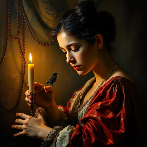 hyperrealistic, vivid colors, chiaroscuro lighting, intricate textures, classical realism, emotional depth, dramatic composition, rich detail, lifelike representation, Rembrandt influence, dynamic range, oil painting techniques, Vermeer inspiration, ethereal atmosphere, depth of field, intricate backgrounds, light and shadow interplay, tangible surfaces, 17th-century painting nostalgia, harmonic balance, nuanced shading, immersive perspective, timeless quality