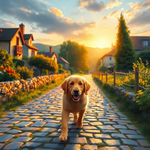 golden retriever, strolling peacefully, cobblestone path, Claude Monet influences, ethereal lighting, vibrant hues, rich textures, dynamic movement, pastoral scenery, Impressionist brushstrokes, warm sunset glow, emotional serenity, playful elegance, lush greenery, narrative composition, naturalistic detail, charming village, timeless elegance, Edward Hopper's narrative style, vivid storytelling, atmospheric depth, historical context, sensory immersion, tranquil landscapes, romanticism, subtle nuances, dreamlike quality