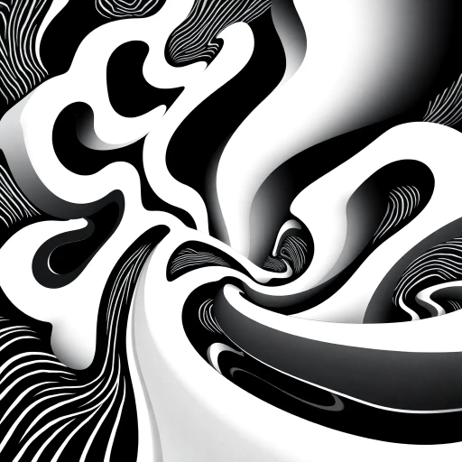 geometric shapes, intricate patterns, flowing lines, minimalist design, abstract expression, monochrome palette, dynamic movement, M.C. Escher influence, precise detailing, linear perspective, conceptual exploration, visual harmony, contour emphasis, spatial depth, artistic exploration, contemporary influence, optical illusions, surreal elements, mathematical artistry, complex symmetry, creative geometry, black and white contrast, fine linework, subtle gradients, modern abstraction, artistic innovation, interlocking forms, infinite loops, artistic paradox