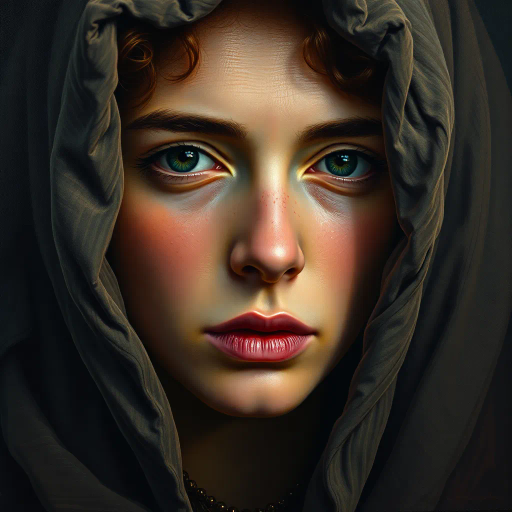 hyper-realistic portrayal, detailed textures, chiaroscuro lighting, vibrant and muted color palette, emotional depth, large scale framing, Renaissance influence, lifelike representation, dramatic composition, John Singer Sargent, Vermeer influences, vivid realism, intricate patterns, timeless atmosphere, focus on facial expressions, subtle brushwork, three-dimensional depth, intimate perspective, storytelling elements, realistic textures, meticulous detail