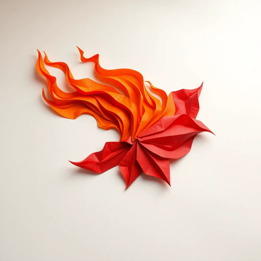 Japanese origami masters, intricate folds, fiery hues, vibrant red and orange tones, delicate paper textures, ancient craft, dynamic motion, flame-like shapes, minimalist elegance, traditional techniques, serene expression, cultural heritage, geometric perfection, essence of fire, transient beauty, artistic precision, symbolic transformation, ephemeral art, spiritual warmth, contemplative nature