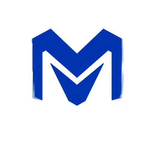 minimal M logo, perspective convergence, subtle depth, hierarchy suggestion, solid indigo blue, geometric design, modern technology influence, flat vector style, clean lines, stark contrast, white background, structural elegance, contemporary branding, spatial dynamics, minimalist symmetry, visual hierarchy, clarity in simplicity, Bauhaus inspiration, sleek execution