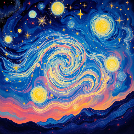 dazzling constellation, Vincent van Gogh, surrealism, ethereal twilight sky, shimmering celestial bodies, cosmic dance, luminescent, swirling patterns, vivid color palette, mystical atmosphere, dreamlike night sky tapestry, universe's canvas, intricate details, celestial symphony, expansive wondrous universe, astral plane, whimsical abstraction, radiant glow, imaginative cosmos, celestial harmony, vibrancy, nightscape, expressive brushstrokes, starry night influence, ethereal magic, celestial odyssey, chromatic brilliance, twilight serenity, ethereal whispers