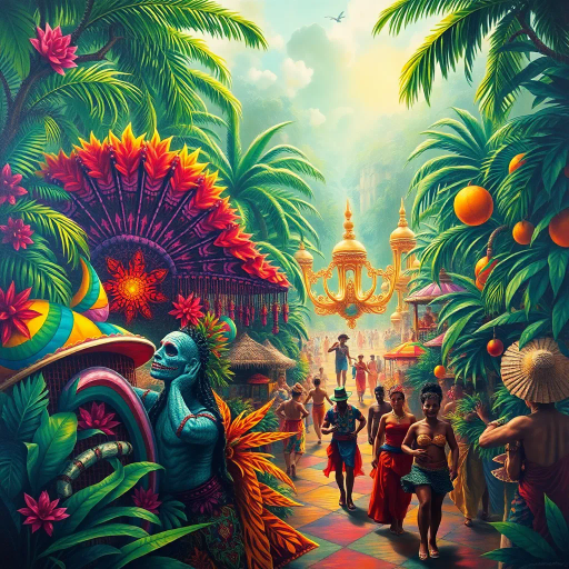 vibrant carnival, amazon jungle, lush greenery, rich cultural tapestry, Carmen Miranda, surrealism, tropical hues, dynamic movement, rhythmic energy, expressive colors, intricate patterns, lively street scenes, samba dancers, exotic wildlife, atmospheric perspective, detailed textures, magical realism, cultural diversity, spirited festivities, radiant sunlight, complex compositions, whimsical elements, bold palettes, mystical atmosphere, fantastical landscapes, tropical flora and fauna