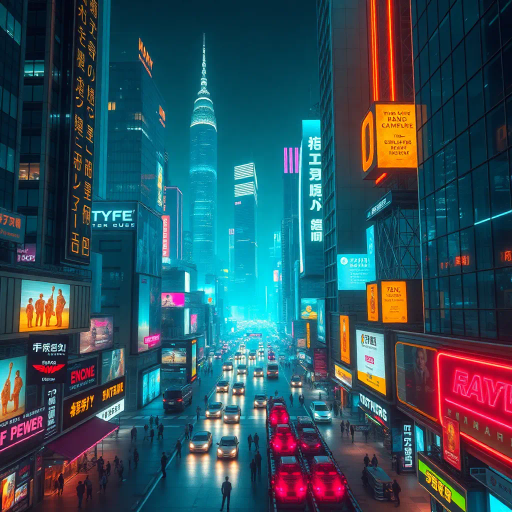 futuristic metropolis, skyscrapers, bustling streets, dynamic movement, neon lights, technological advancement, cyberpunk aesthetic, strategic planning, diverse cultures, innovation, high-tech architecture, night cityscape, vibrant energy, corporate power, networking, global influence, digital connectivity, urban landscape, visionary leaders, business attire, synergy, economic growth, synthwave glow, digital frontier, neon reflections, pulsating vibes, Blade Runner, digital realms, electric hues, dystopian allure