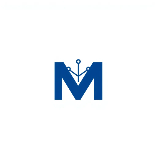 minimalist design, bold letter M, geometric precision, solid structure, small V-shaped connector lines, symbolic tree branches, hierarchical elements, indigo blue color scheme, flat vector art, sleek and contemporary, modern SaaS logo, stark white background, clean lines, corporate elegance, visual hierarchy, innovative branding, connectivity symbolism, abstract representation, adaptive simplicity, digital landscape