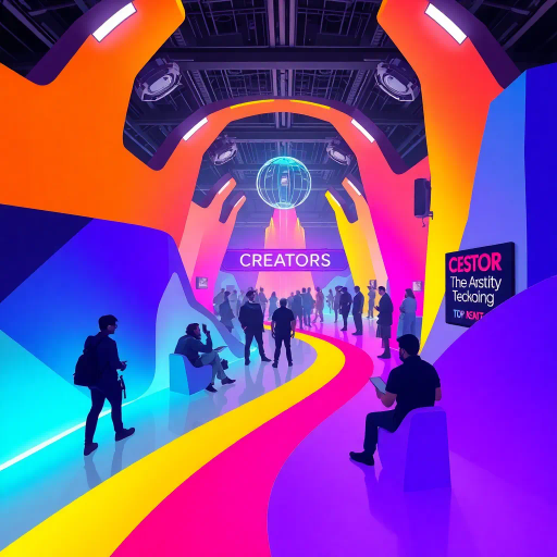 futuristic design, creators gathering, vibrant colors, dynamic shapes, interactive elements, art deco inspirations, Bauhaus geometry, neon lighting, tech influence, collaborative spirit, storytelling elements, inspiration and innovation, cutting-edge aesthetics, vivid contrasts, playful typography, creative community, digital landscapes, integration of technology, motion and fluidity, visual storytelling, modern minimalist touch, bold visual composition, expressive lines, whimsical imagery