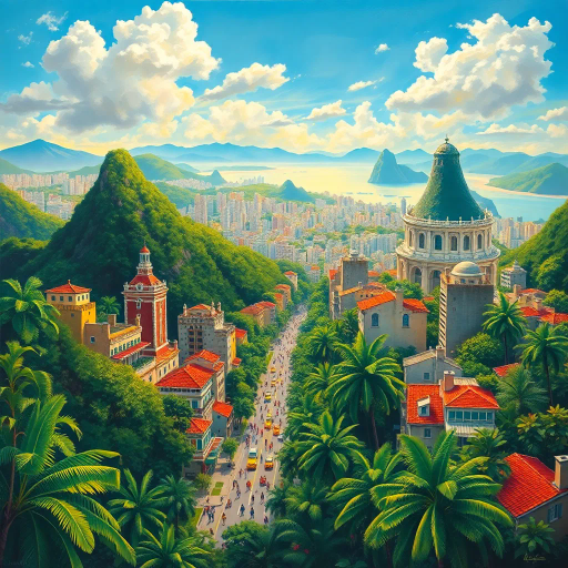 vibrant rainforest, sprawling cityscapes, Rio Carnival celebration, modernist architecture, Tarsila do Amaral, tropical paradise, lush landscapes, Samba rhythm, vivid color palettes, dynamic movement, cultural fusion, vibrant street art, warm sunlight, Copacabana beach, panoramic views, rich biodiversity, Botero-inspired figures, expressive brushstrokes, Amazon River, intricate textures, joyous atmosphere, cultural heritage, Henri Rousseau influence, energetic composition