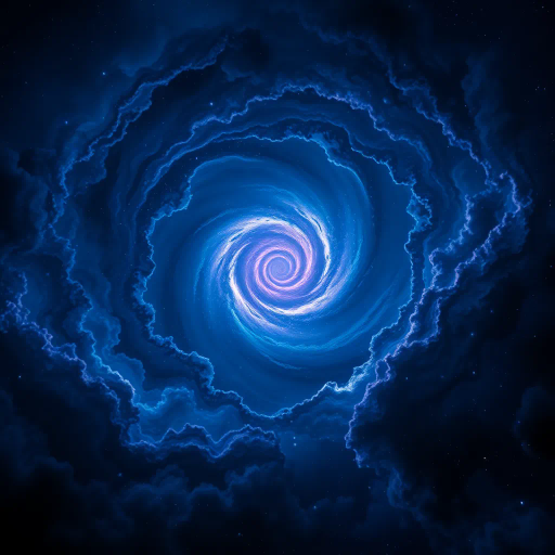 cosmic vortex, swirling darkness, celestial phenomenon, enigmatic space, Stephen Hawking inspiration, surrealism elements, chiaroscuro lighting, infinite depth, Hyperrealism, deep blues and purples, gravitational pull, galactic mystique, abstract forms, radiant singularity, ethereal glow, Douglas Trumbull influence, expansive void, dynamic composition, interstellar, cosmic wonder, visual metaphors, astronomical scale, transcendental