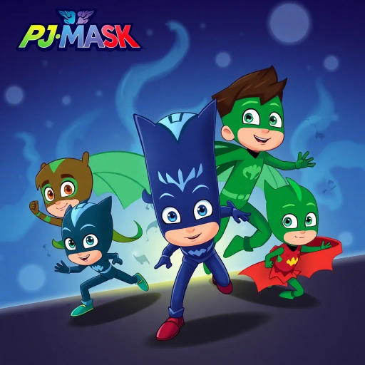 PJ Masks, superhero, children's show, dynamic poses, vibrant colors, action-packed, animated series, teamwork, adventurous, exaggerated expressions, mystery, young heroes, nighttime, cartoon characters, energetic, stylized animation, comic book style, dynamic composition, vibrant hues, engaging narrative, whimsical adventure, bold outlines, imaginative, playful spirit, Japanese animation influence, expressive characters, exciting escapades, teamwork, youthful energy