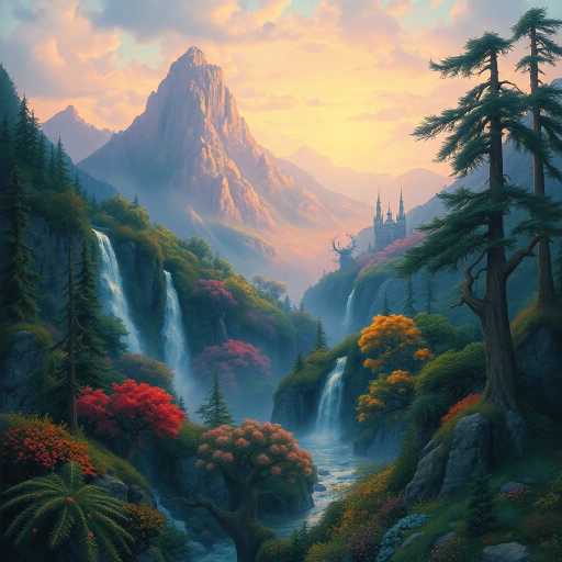 enchanted forest, mystical mountains, Arthur Rackham, J.R.R. Tolkien inspiration, vibrant hues, ethereal glow, surreal elements, whimsical ambience, imaginative creatures, rich texture, luminous light, dreamlike setting, intricate patterns, magical realism, cascading waterfalls, ancient trees, airy atmosphere, vibrant flora, mythical beings, pastel skies, layered depth, painterly technique, atmospheric perspective, enchanted twilight, timeless wonder, epic scale, misty atmosphere, medieval castles, surreal geometry, fairytale whimsy, storytelling elements, imaginative vistas, soft light, detailed foliage, fantasy realism, rich history, cultural mythology, adventure and wonder, enchanting ambiance, intricately crafted, luminous highlights, mythical narrative, captivating allure, otherworldly ambiance