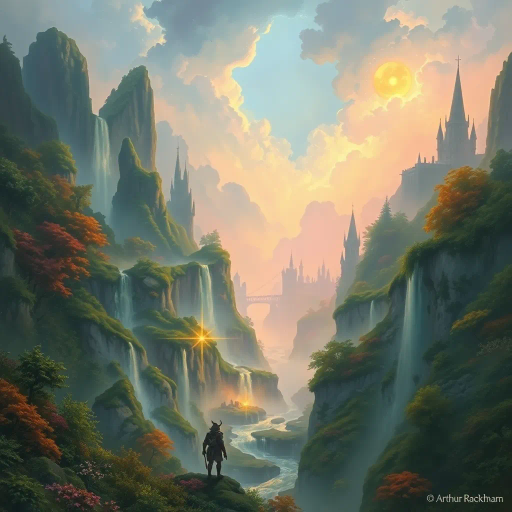 mythical landscape, epic scale, vibrant colors, enchanted forest, magical waterfalls, Arthur Rackham, J.R.R. Tolkien inspiration, ethereal glow, misty atmosphere, whimsical nature, medieval castles, enchanted creatures, surreal geometry, mystical aura, dream-like scenery, fairytale whimsy, enchanted realm, timeless beauty, storytelling elements, imaginative vistas, soft light, detailed foliage, fantasy realism, painterly textures, rich history, cultural mythology, adventure and wonder, enchanting ambiance, intricately crafted, luminous highlights, atmospheric perspective, mythical narrative, captivating allure, otherworldly ambiance