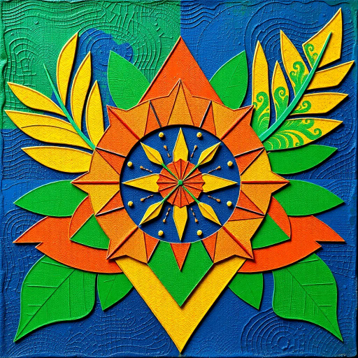 vibrant colors, geometric shapes, cultural symbolism, rich textures, tropical influence, modern interpretation, national pride, intricate patterns, dynamic composition, bright green, vivid gold, deep blue, movement, contemporary style, Brazilian culture, Jorge Amado, playful textures, dimensional layering, abstract representation, optimism and unity