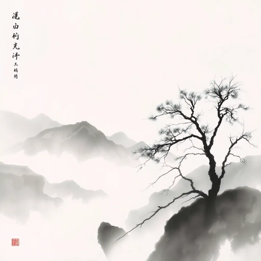 traditional chinese ink wash, minimalistic elegance, serene landscapes, Liu Shou-Kwan, soft gradients, flowing brushwork, monochrome palette, delicate textures, introspective mood, atmospheric depth, ancient Chinese heritage, meditative visuals, harmonious balance, elegant simplicity, cultural symbolism, elegant calligraphy, ethereal mists, timeless beauty, spiritual journey, intricate line quality, profound serenity, tranquil tone, classical composition, restrained palette, intrinsic harmony
