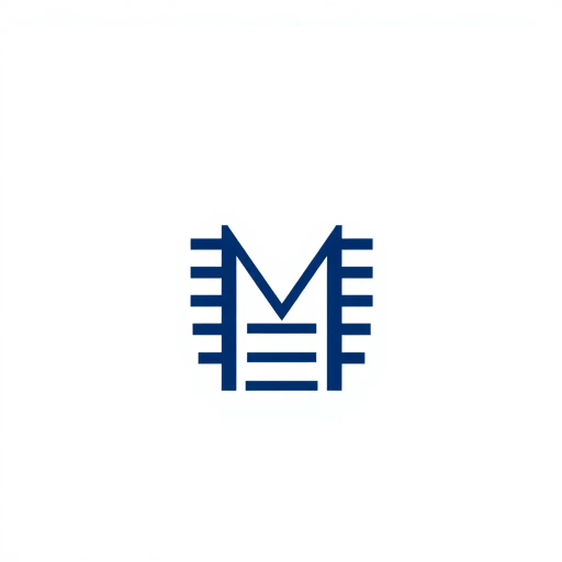 geometric design, capital letter M, lettermark, thin horizontal lines, vertical strokes, levels of hierarchy, ladder rungs, indigo blue, minimalism, vector art, clean lines, modern aesthetic, white background, simplicity, corporate identity, visual hierarchy, negative space, Bauhaus influence, symmetry, precision, branding, elegant composition, minimalistic style