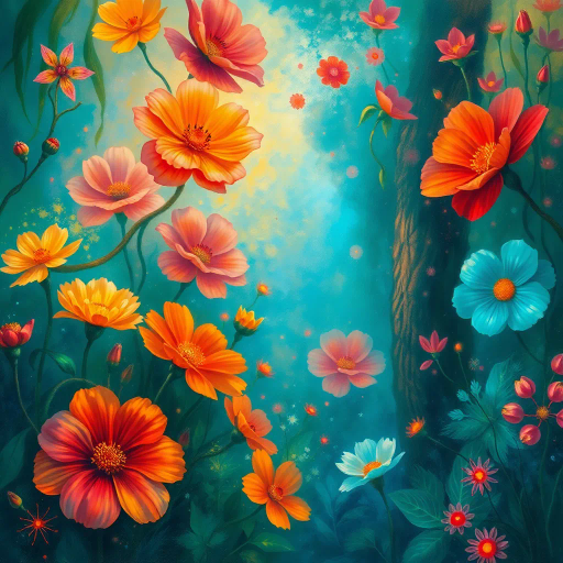 vibrant flowers, botanical art, surrealism, Claude Monet, expressionism, ethereal glow, intricate details, vivid colors, ethereal dreamscape, surreal garden, whimsical atmosphere, impressionist influences, enchanting forest, painterly strokes, magical ambiance, lush foliage, dynamic composition, floral symphony, spring serenity, artistic elegance, garden symphony, burst of life, harmonious blending, natural elegance, transcendent beauty, inspired imagination, mythical flora, timeless beauty, radiant hues, rich textures, soft gradients