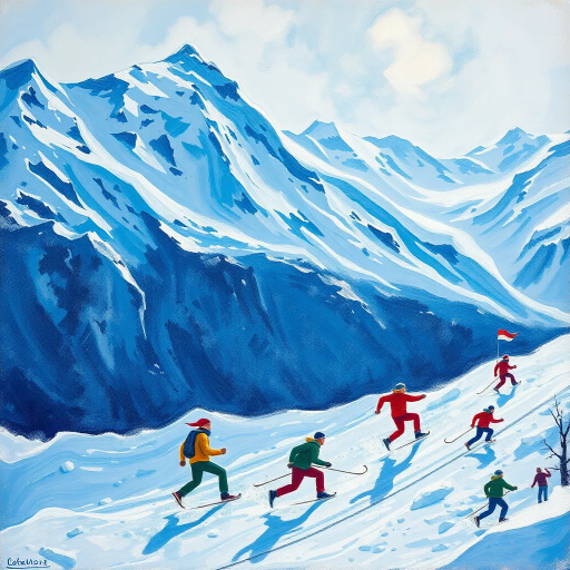 winter olympics, dynamic movement, icy landscapes, athletic figures, vibrant energy, snow-capped mountains, intricate patterns, bold contrasts, Pierre-Auguste Renoir influence, Impressionism, dramatic lighting, modern sportsmanship, cold color palette, fluid lines, frozen textures, abstract representation, international spirit, grand scale, historical significance, frosty atmosphere, harmonious balance, cultural diversity, precise details, joyous celebration, global unity, bold composition