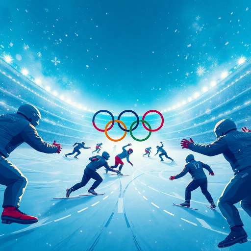 winter olympics, dynamic movement, sleek composition, cold hues, vibrant blues and whites, dramatic lighting, icy textures, contemporary style, historic influence, athletic prowess, intricate detail, futuristic equipment, high-energy performance, panoramic view, cultural symbolism, diverse athletes, harmonious blend, abstract interpretation, immersive atmosphere, competitive spirit