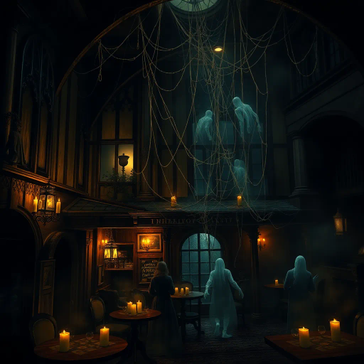 haunted tavern, eerie atmosphere, Gothic architecture, translucent specters, dim candlelight, John Atkinson Grimshaw influence, Victorian era, shadowy corners, spectral patrons, mystical glow, cobweb-laden rafters, misty ambiance, chiaroscuro contrasts, haunted past, ghostly whispers, weathered wood textures, melancholic mood, surreal distortions, evocative storytelling, vintage charm, chilling presence