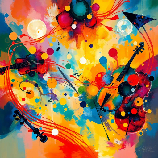 symphony of colors, harmonious compositions, dynamic rhythms, vibrant hues, melodic lines, impressionism meets cubism, ethereal lighting, abstract forms, musical instruments, flowing movement, elegant brushstrokes, fluid textures, sound waves depicted visually, Wassily Kandinsky inspiration, Baroque influence, immersive atmosphere, emotional resonance, multidimensional space, artistic synthesis, visual symphony, artistic convergence, cultural fusion, kaleidoscopic vision, energetic harmony, abstract expression, spatial complexity, synesthetic journey, auditory visualization, poetic interplay